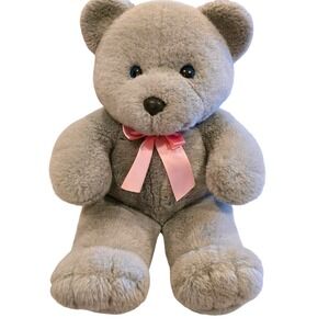 Vintage 1980s Commonwealth Gray Teddy Bear Plush‎ Large 20" Blue Eyes Pink Bow